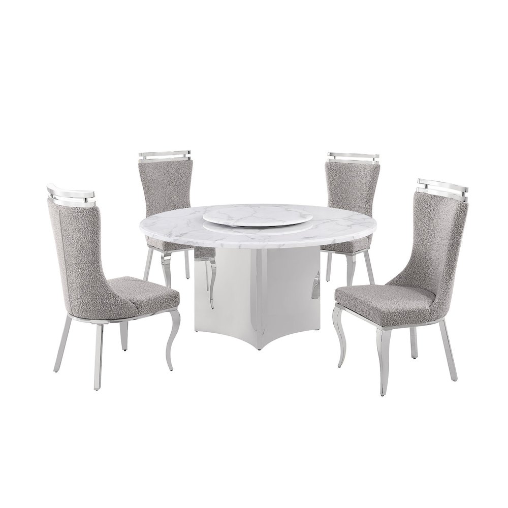 5pc Circle Marble Top With Lazy Susan and 4 Rich Gray Chairs with Silver Base