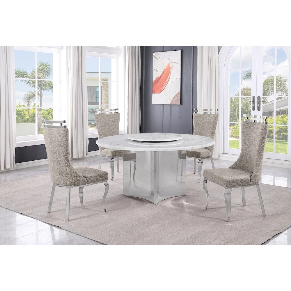 5pc Circle Marble Top With Lazy Susan and 4 Gray Chairs with Silver Base