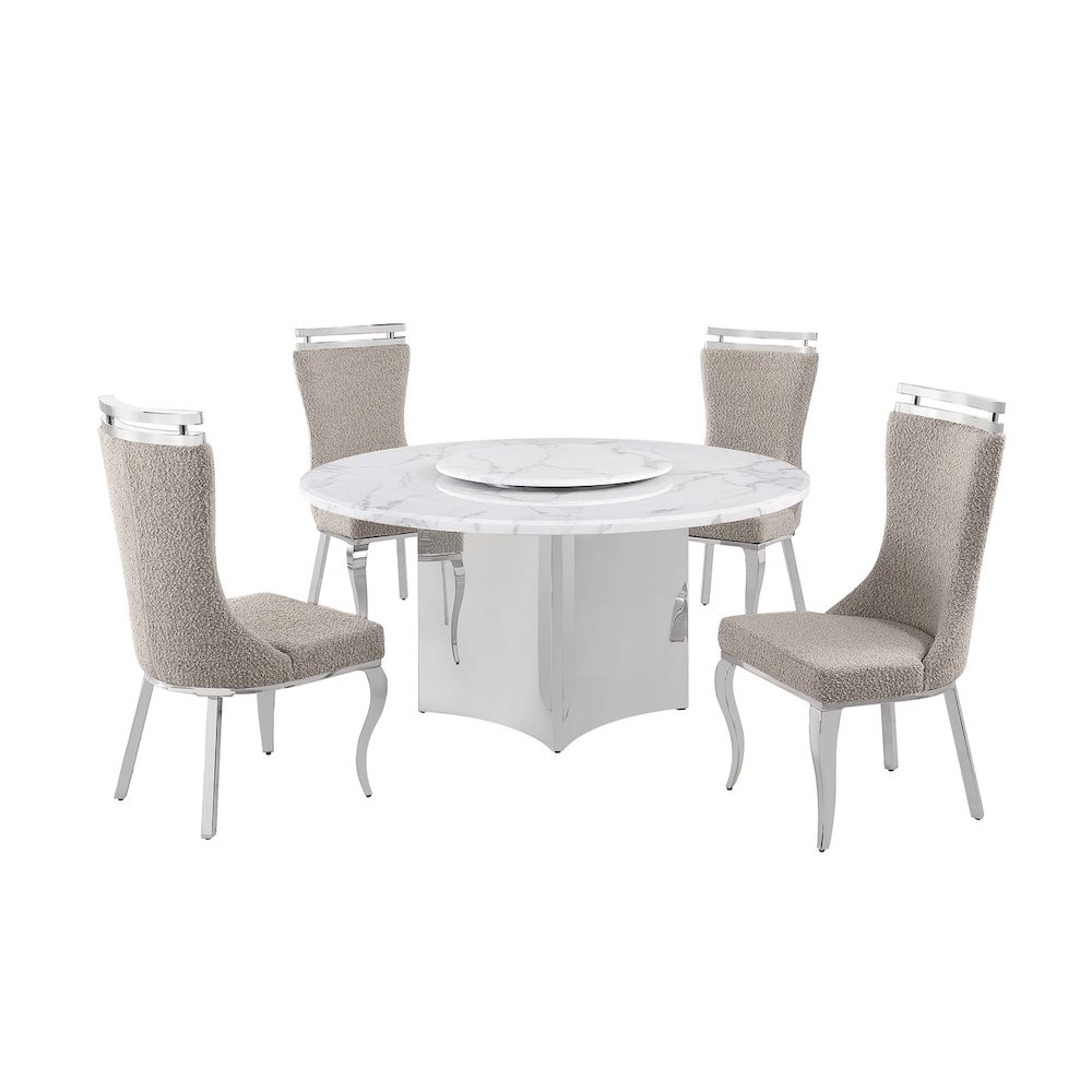 5pc Circle Marble Top With Lazy Susan and 4 Gray Chairs with Silver Base