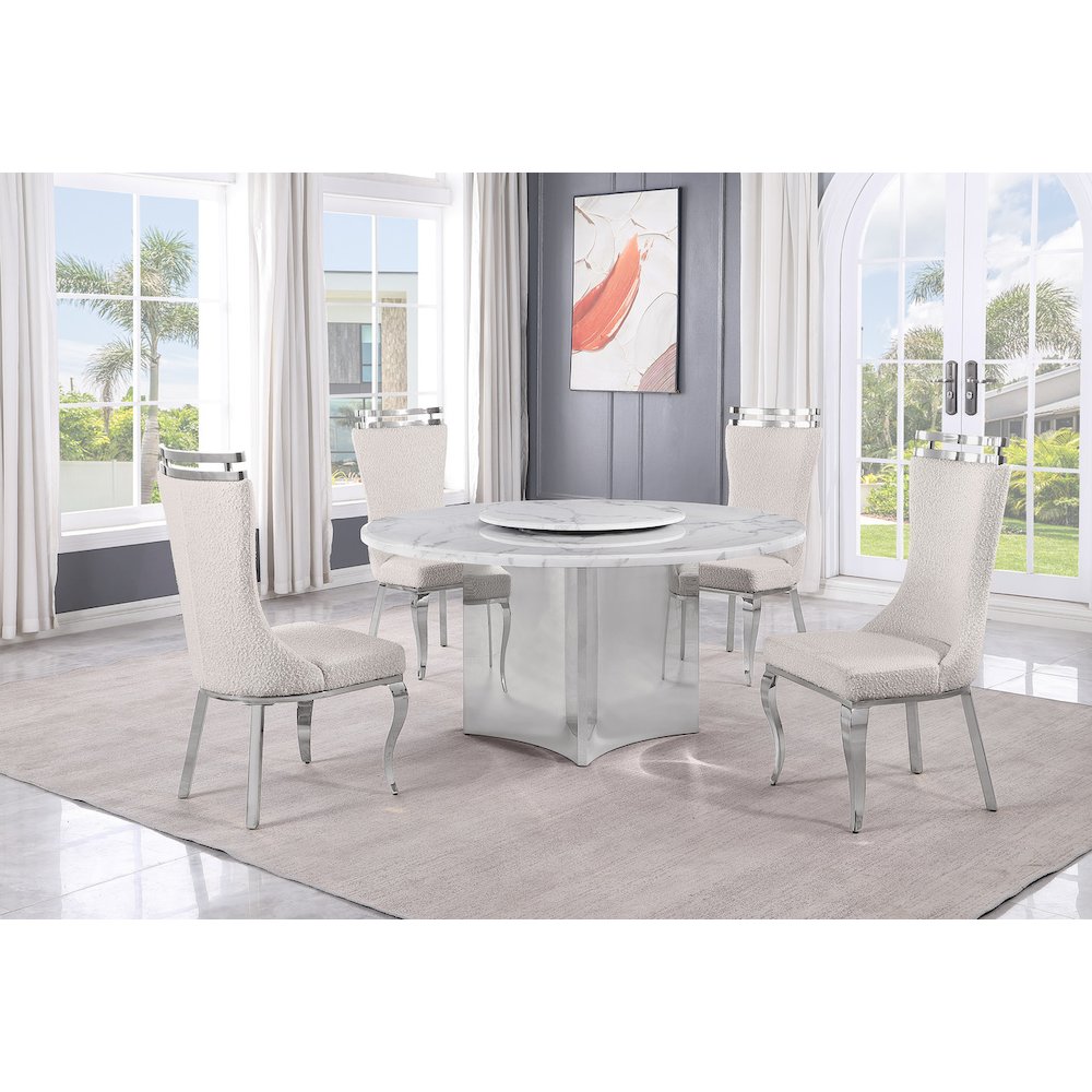 5pc Circle Marble Top With Lazy Susan and 4 Cream Chairs with Silver Base