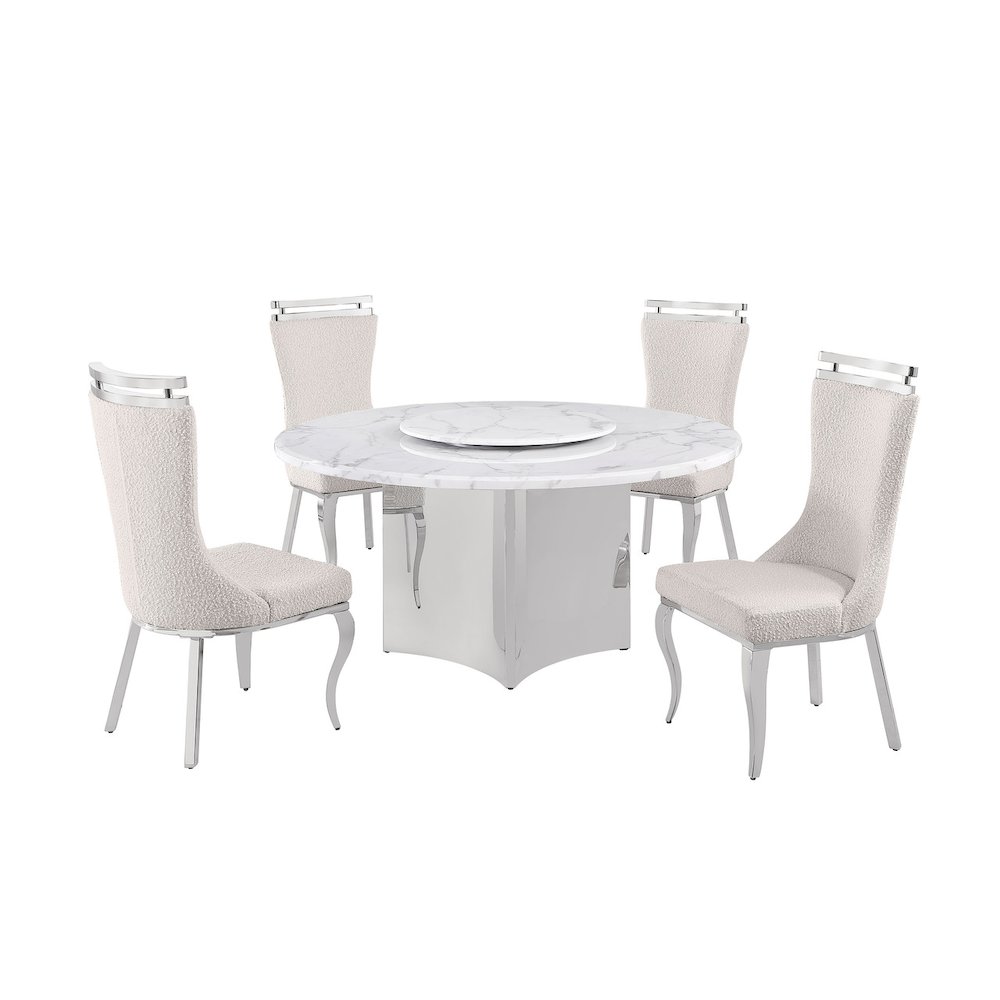 5pc Circle Marble Top With Lazy Susan and 4 Cream Chairs with Silver Base