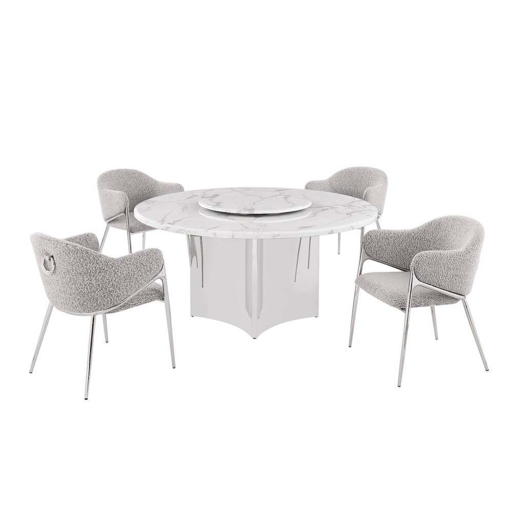 5pc Circle Marble Top With Lazy Susan and 4 Rich Gray Chairs