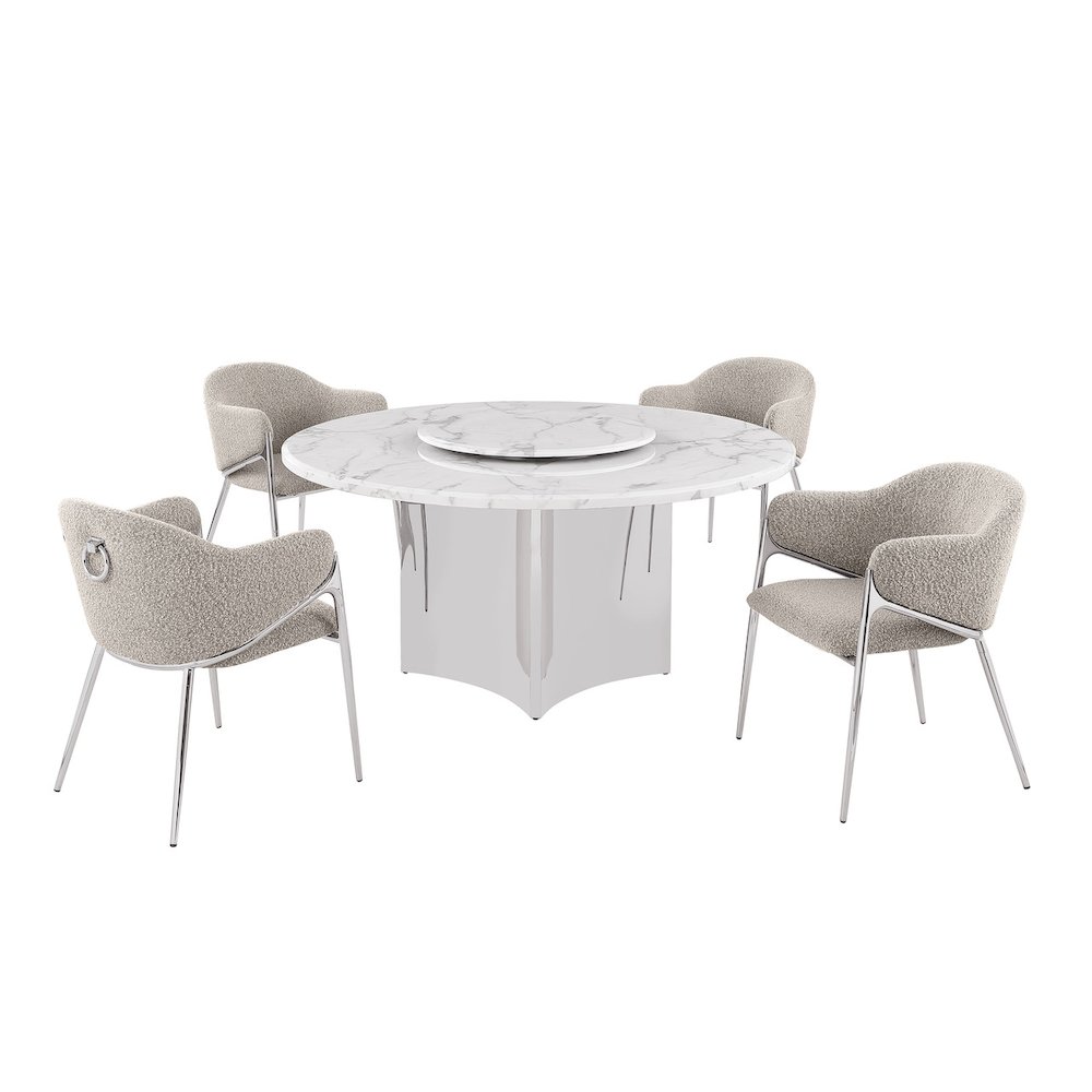 5pc Circle Marble Top With Lazy Susan and 4 Gray Chairs