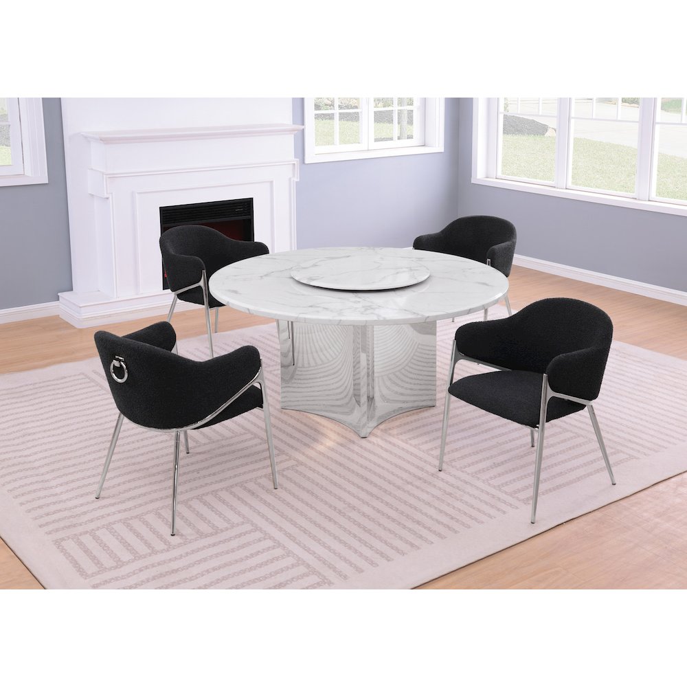 5pc Circle Marble Top With Lazy Susan and 4 Black Chairs