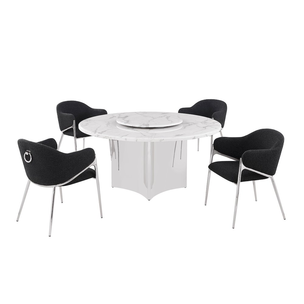 5pc Circle Marble Top With Lazy Susan and 4 Black Chairs