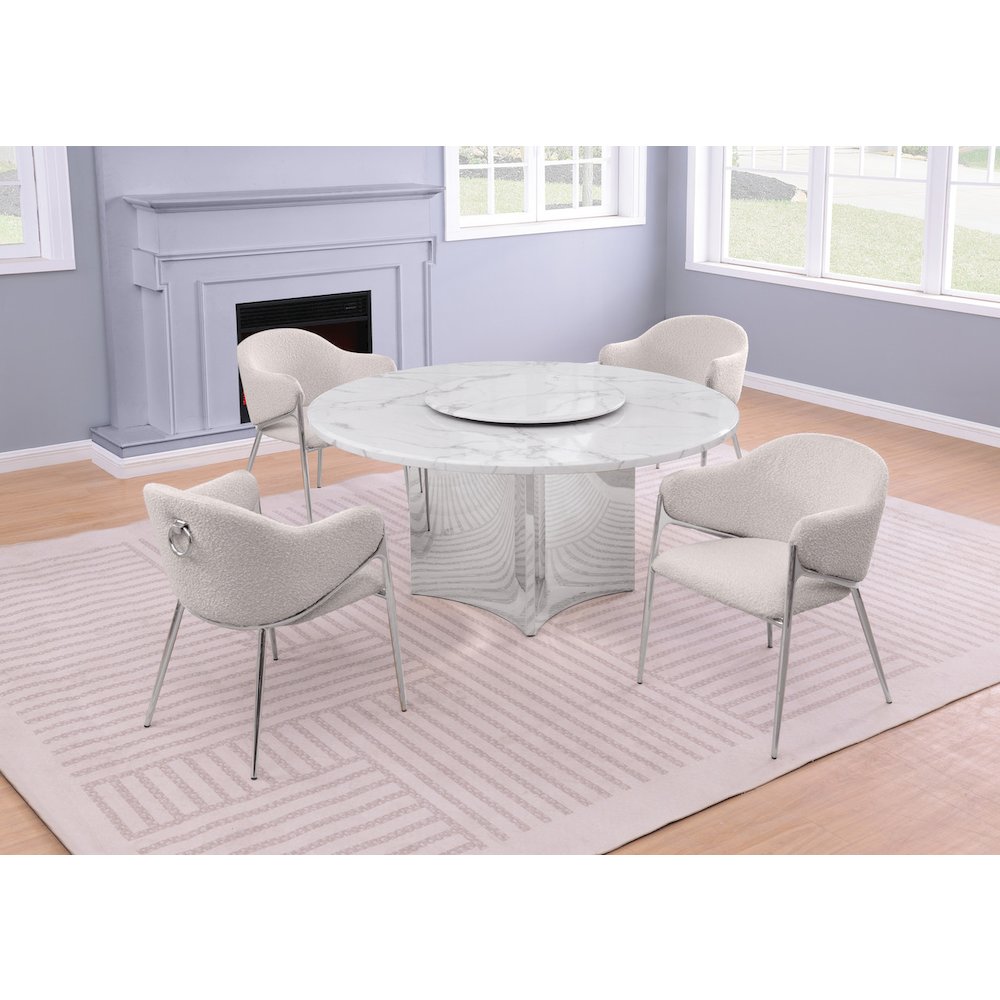 5pc Circle Marble Top With Lazy Susan and 4 Cream Chairs
