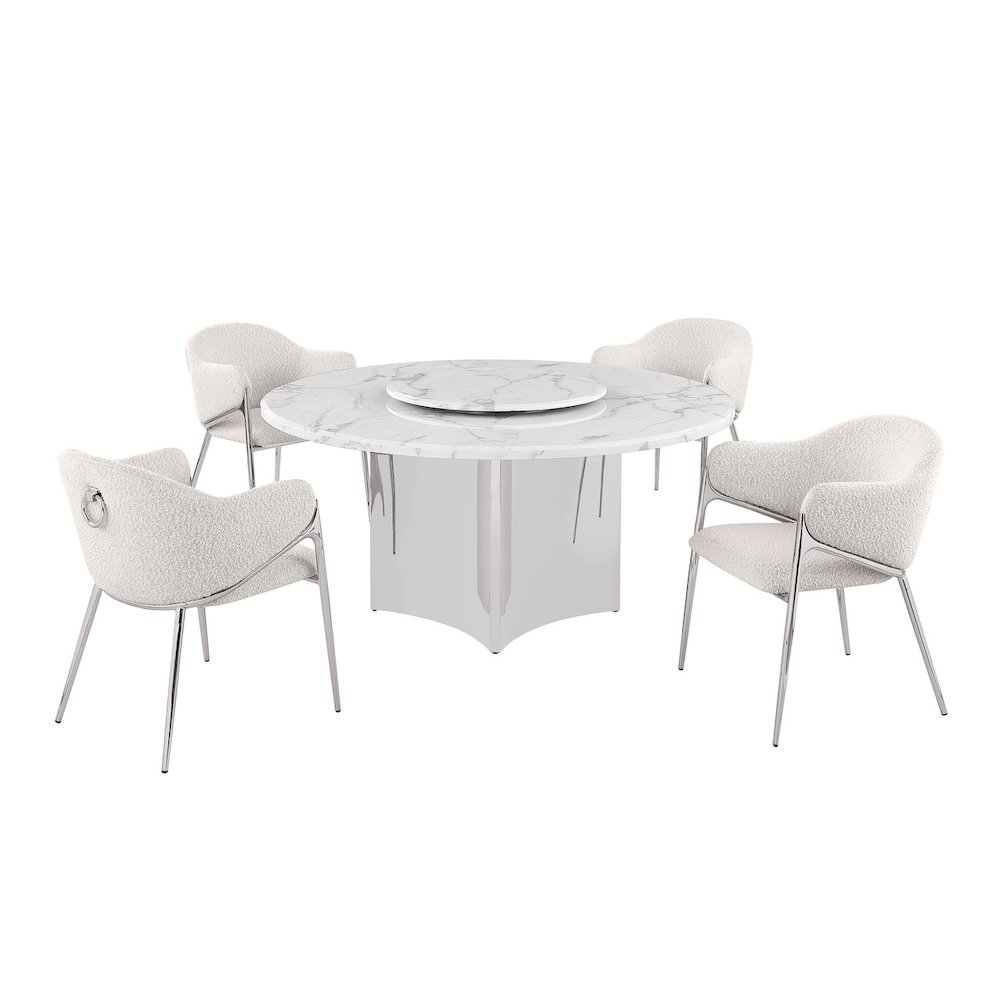 5pc Circle Marble Top With Lazy Susan and 4 Cream Chairs