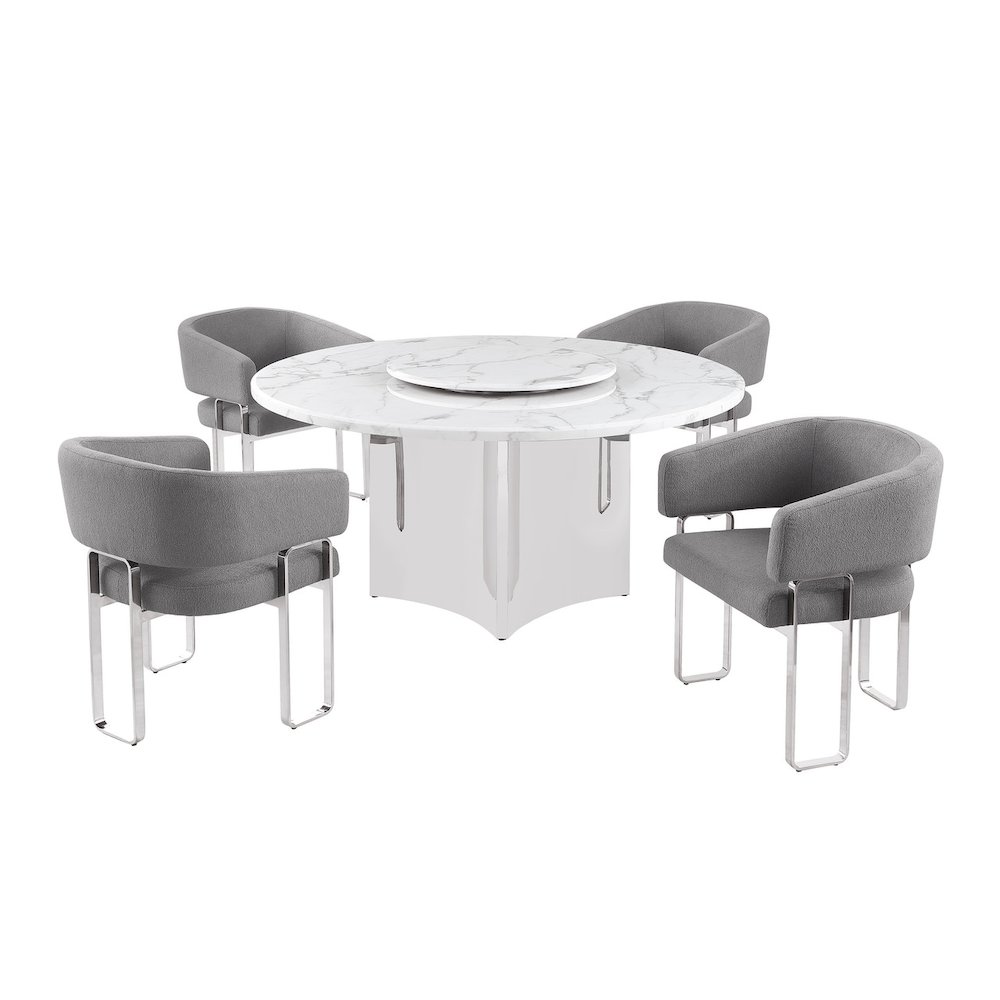 5pc Circle Marble Top With Lazy Susan and 4 Dark Gray Tri-Leg Desing Base