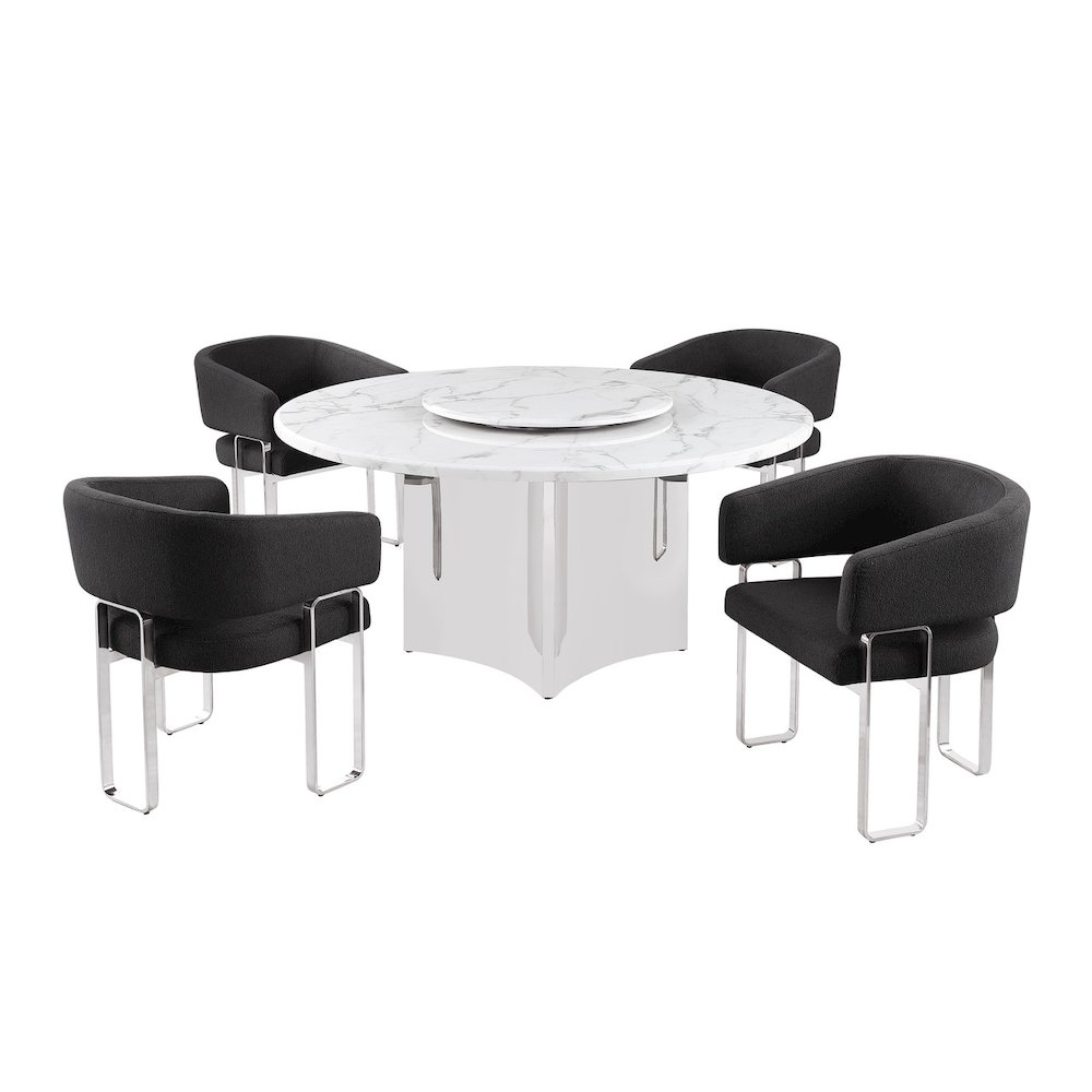 5pc Circle Marble Top With Lazy Susan and 4 Black Tri-Leg Desing Base