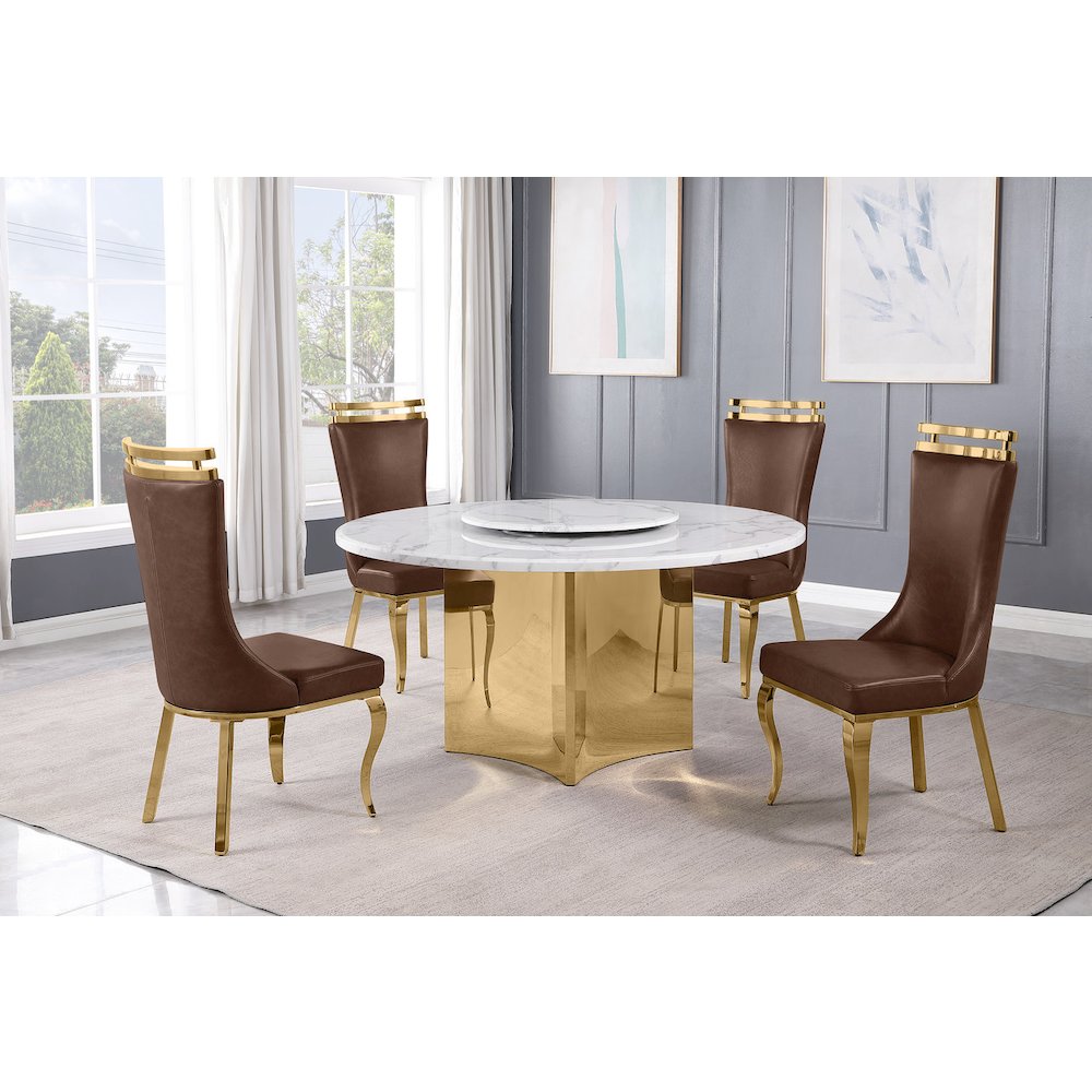 5pc Circle Marble Top Gold Base With Lazy Susan and 4 Mocha Chairs