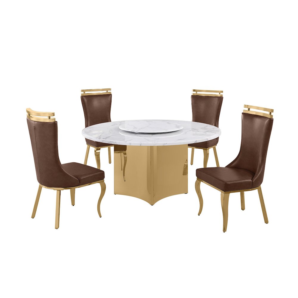 5pc Circle Marble Top Gold Base With Lazy Susan and 4 Mocha Chairs