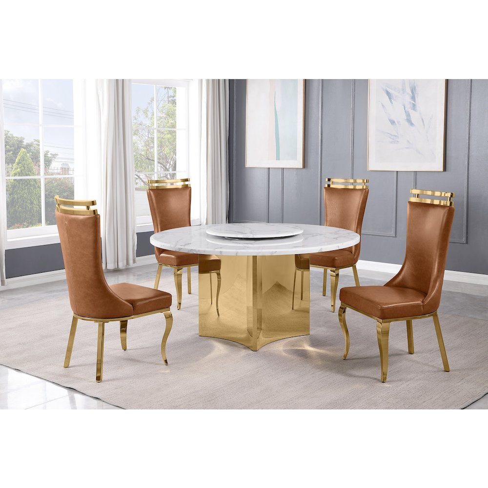 5pc Circle Marble Top Gold Base With Lazy Susan and 4 Toffee Chairs