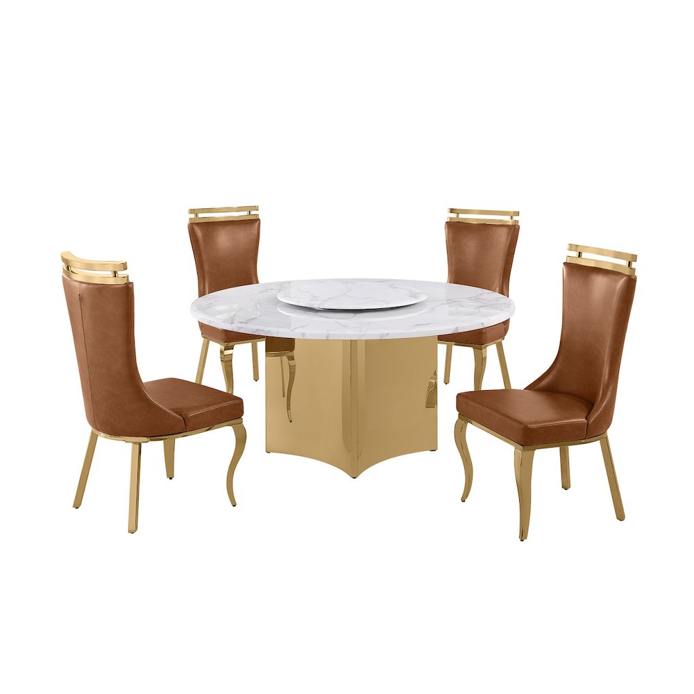 5pc Circle Marble Top Gold Base With Lazy Susan and 4 Toffee Chairs