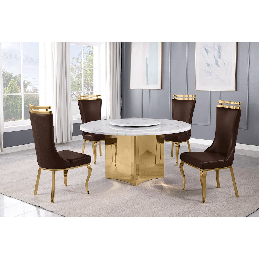 5pc Circle Marble Top Gold Base With Lazy Susan and 4 Espresso Chairs
