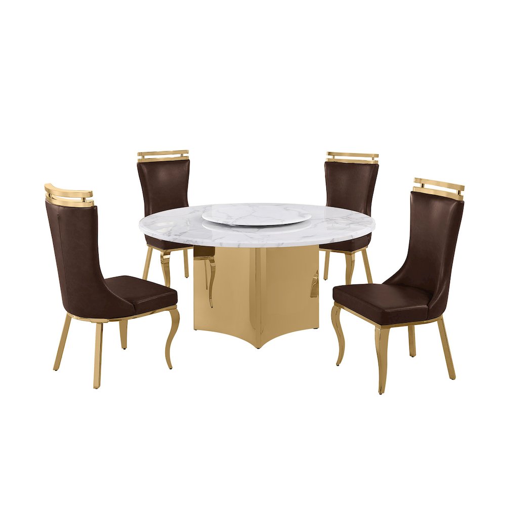 5pc Circle Marble Top Gold Base With Lazy Susan and 4 Espresso Chairs