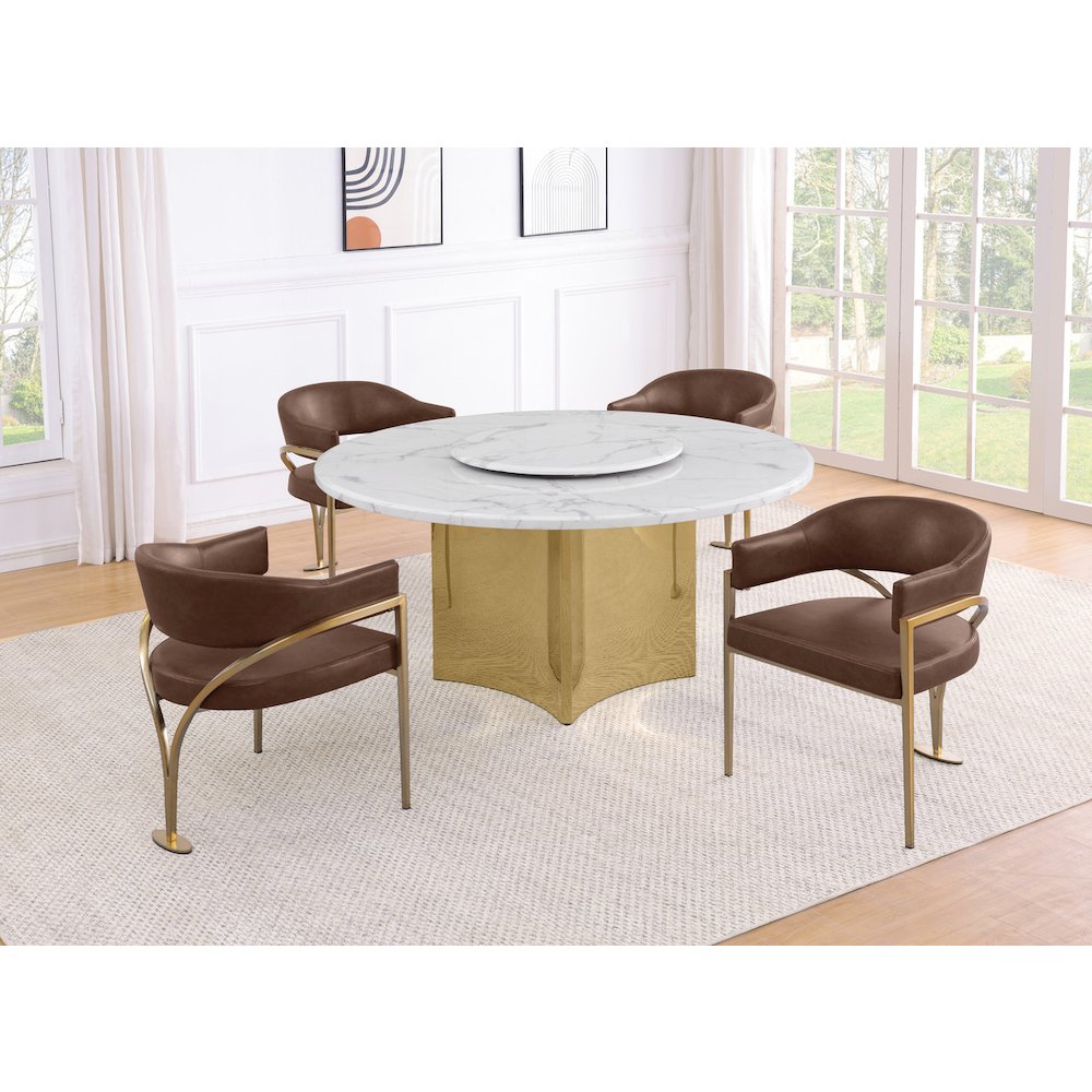 5pc Circle Marble Top Gold Base With Lazy Susan and 4 Mocha Chairs