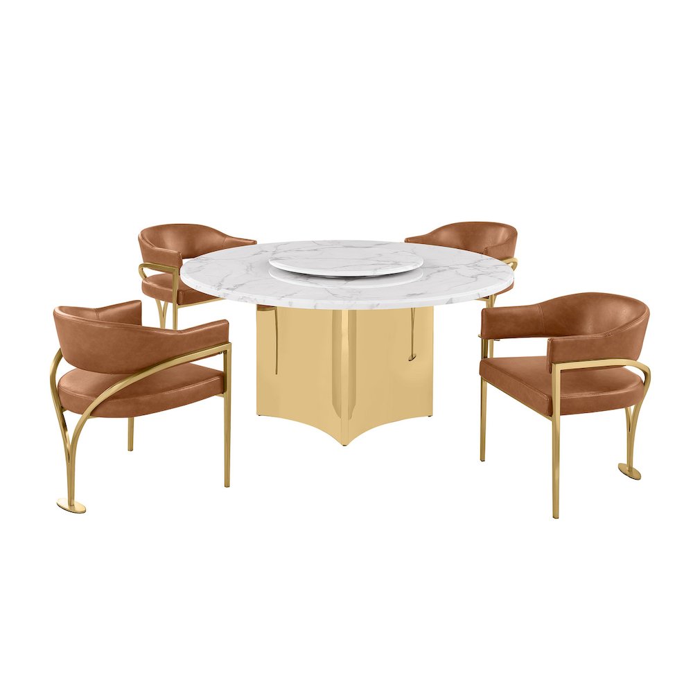 5pc Circle Marble Top Gold Base With Lazy Susan and 4 Toffee Chairs