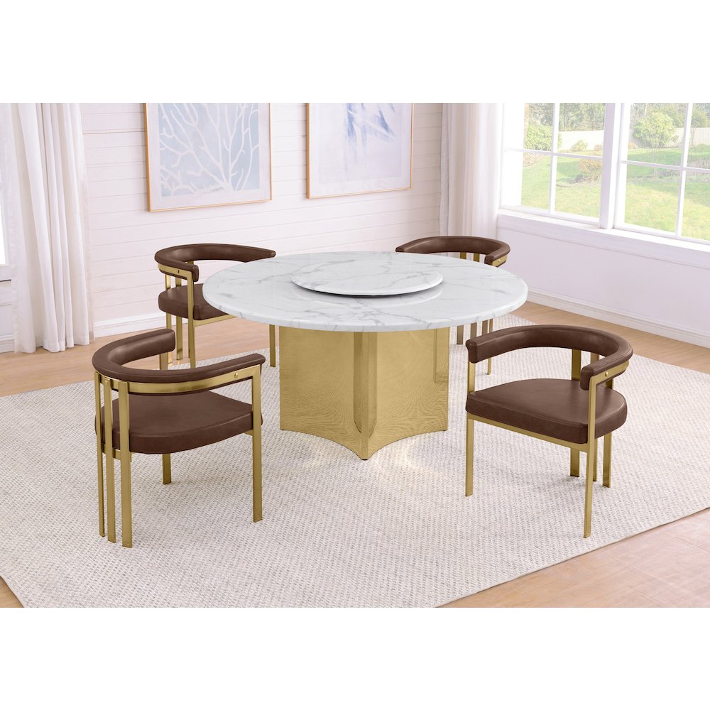 5pc Circle Marble Top Gold Base With Lazy Susan and 4 Mocha Chairs