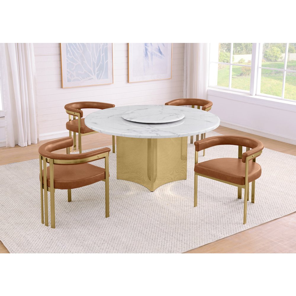 5pc Circle Marble Top Gold Base With Lazy Susan and 4 Toffee Chairs