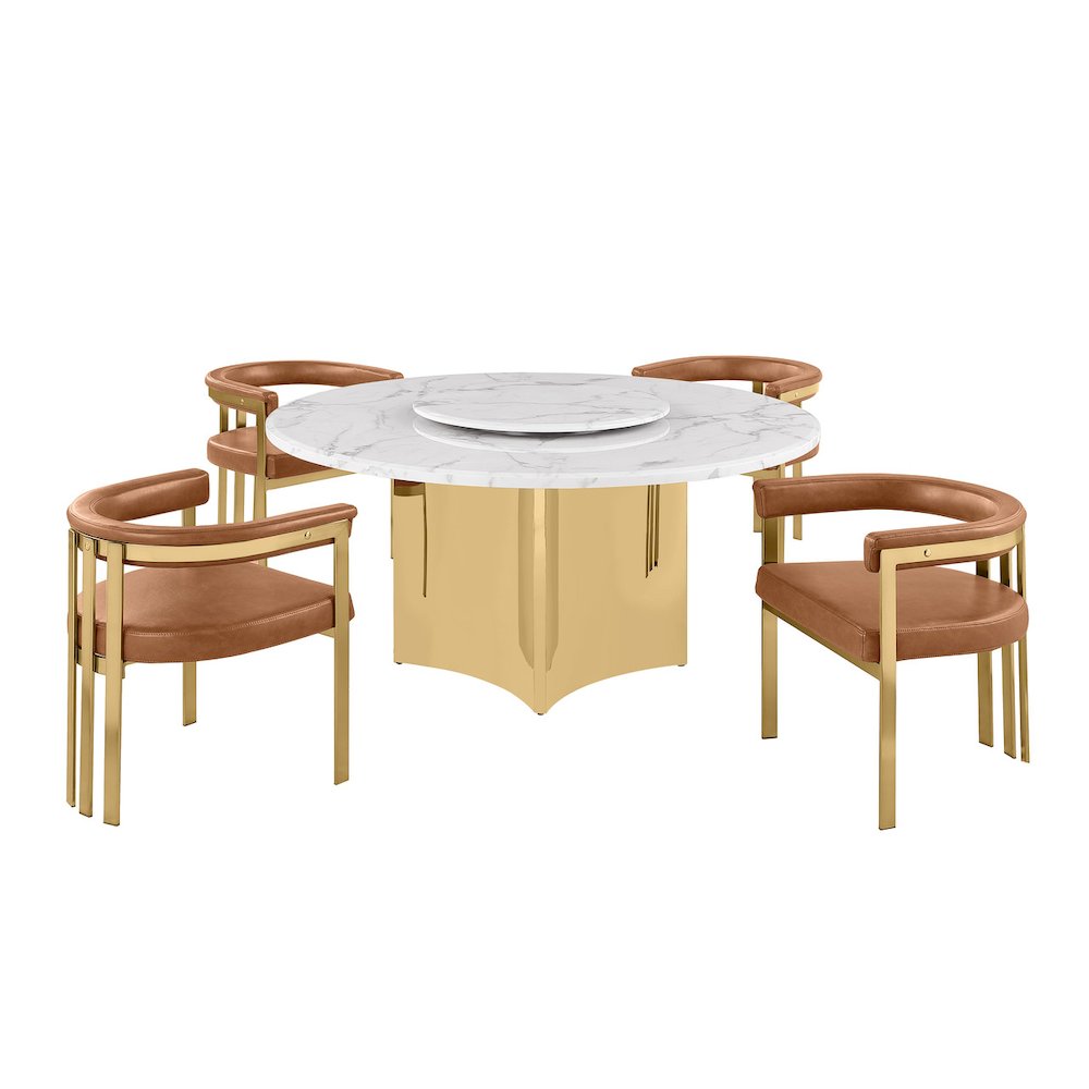 5pc Circle Marble Top Gold Base With Lazy Susan and 4 Toffee Chairs