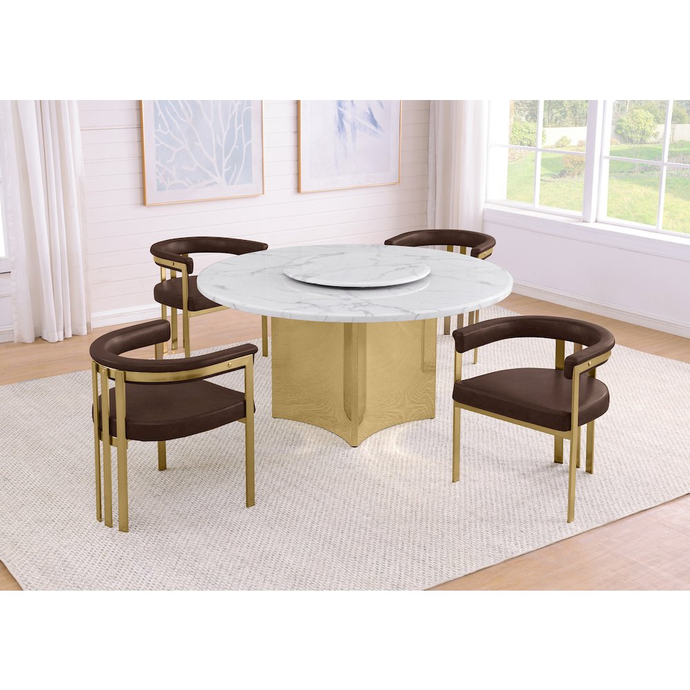 5pc Circle Marble Top Gold Base With Lazy Susan and 4 Espresso Chairs