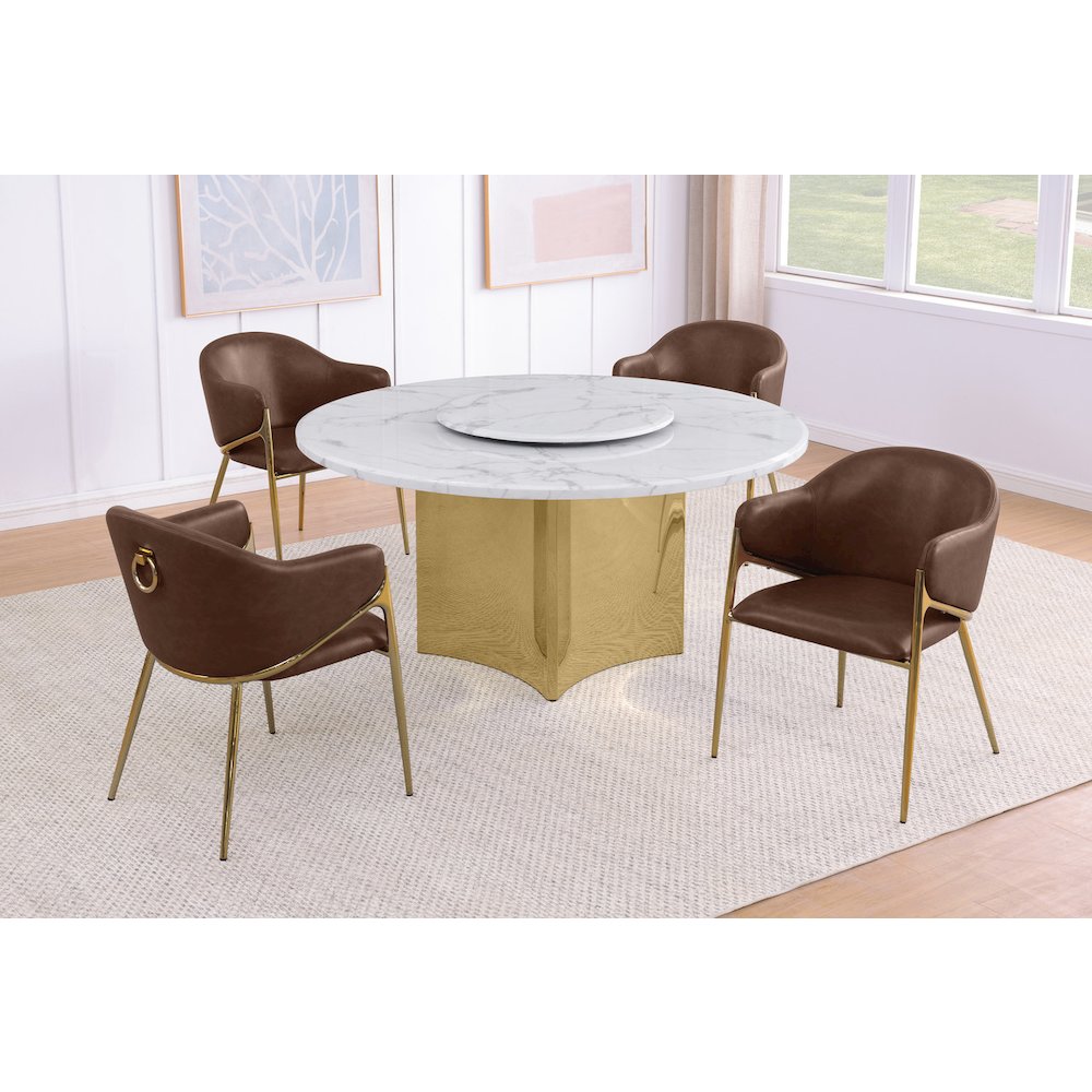 5pc Circle Marble Top Gold Base With Lazy Susan and 4 Mocha Chairs