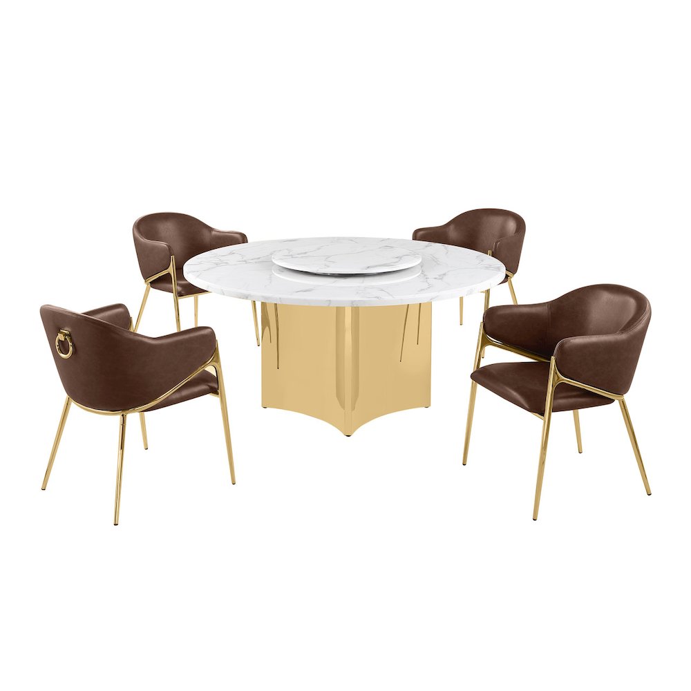 5pc Circle Marble Top Gold Base With Lazy Susan and 4 Mocha Chairs