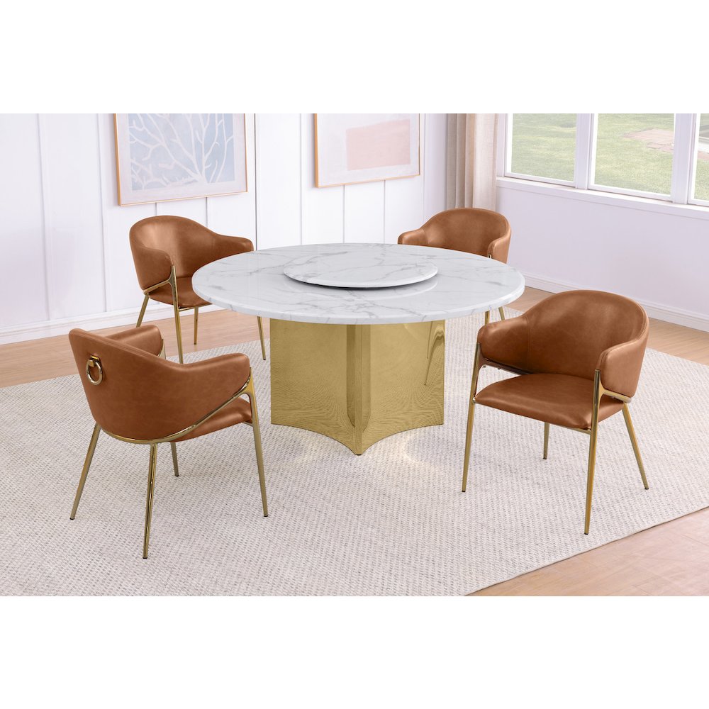 5pc Circle Marble Top Gold Base With Lazy Susan and 4 Toffee Chairs