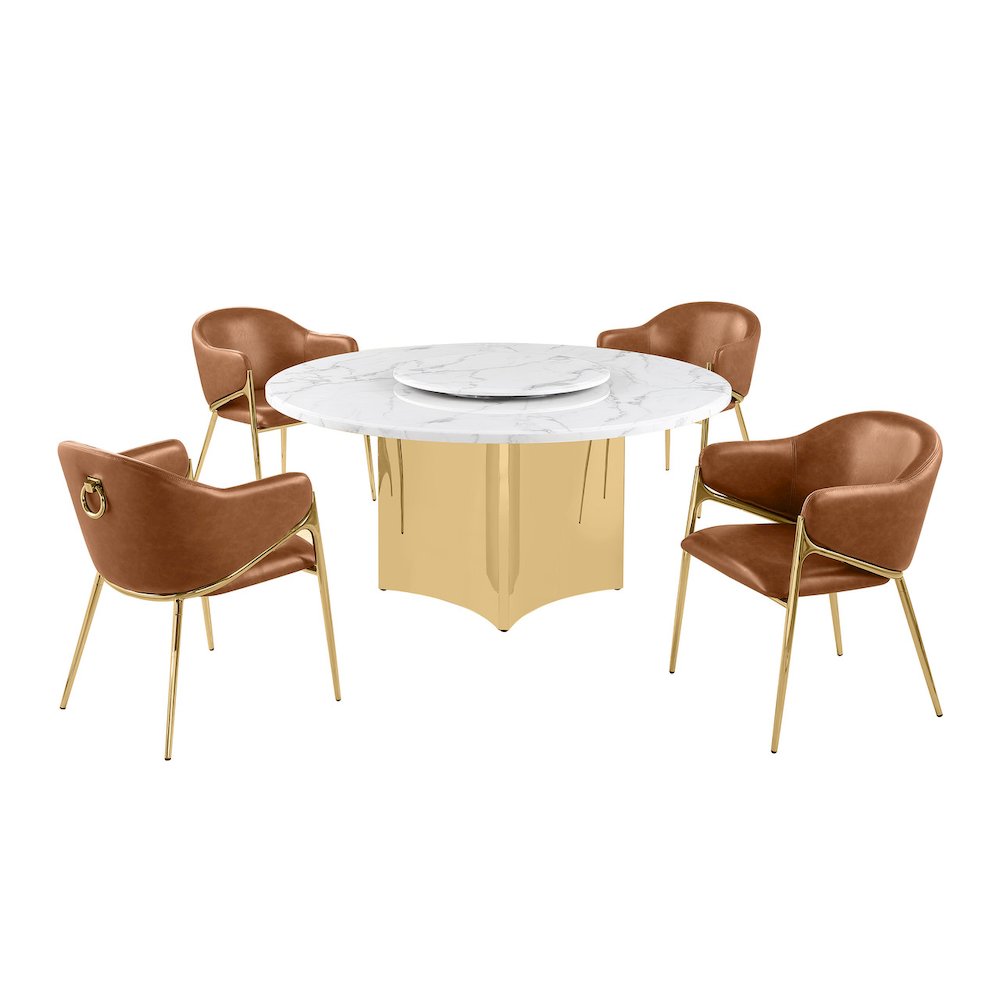 5pc Circle Marble Top Gold Base With Lazy Susan and 4 Toffee Chairs