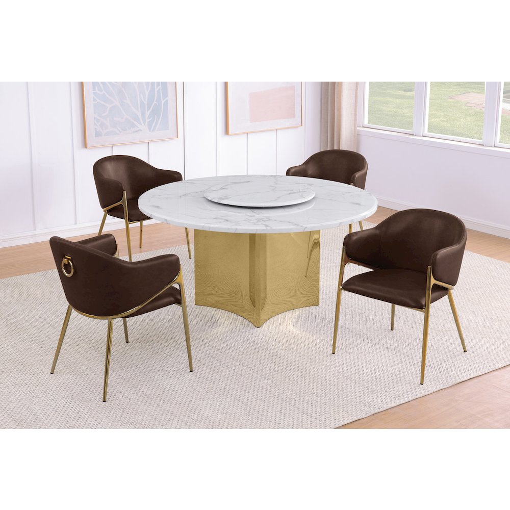 5pc Circle Marble Top Gold Base With Lazy Susan and 4 Espresso Chairs