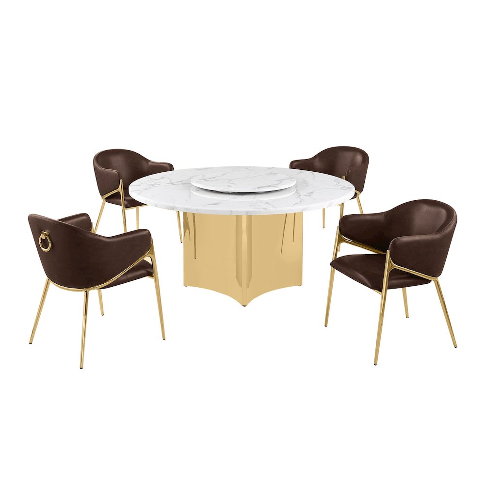 5pc Circle Marble Top Gold Base With Lazy Susan and 4 Espresso Chairs