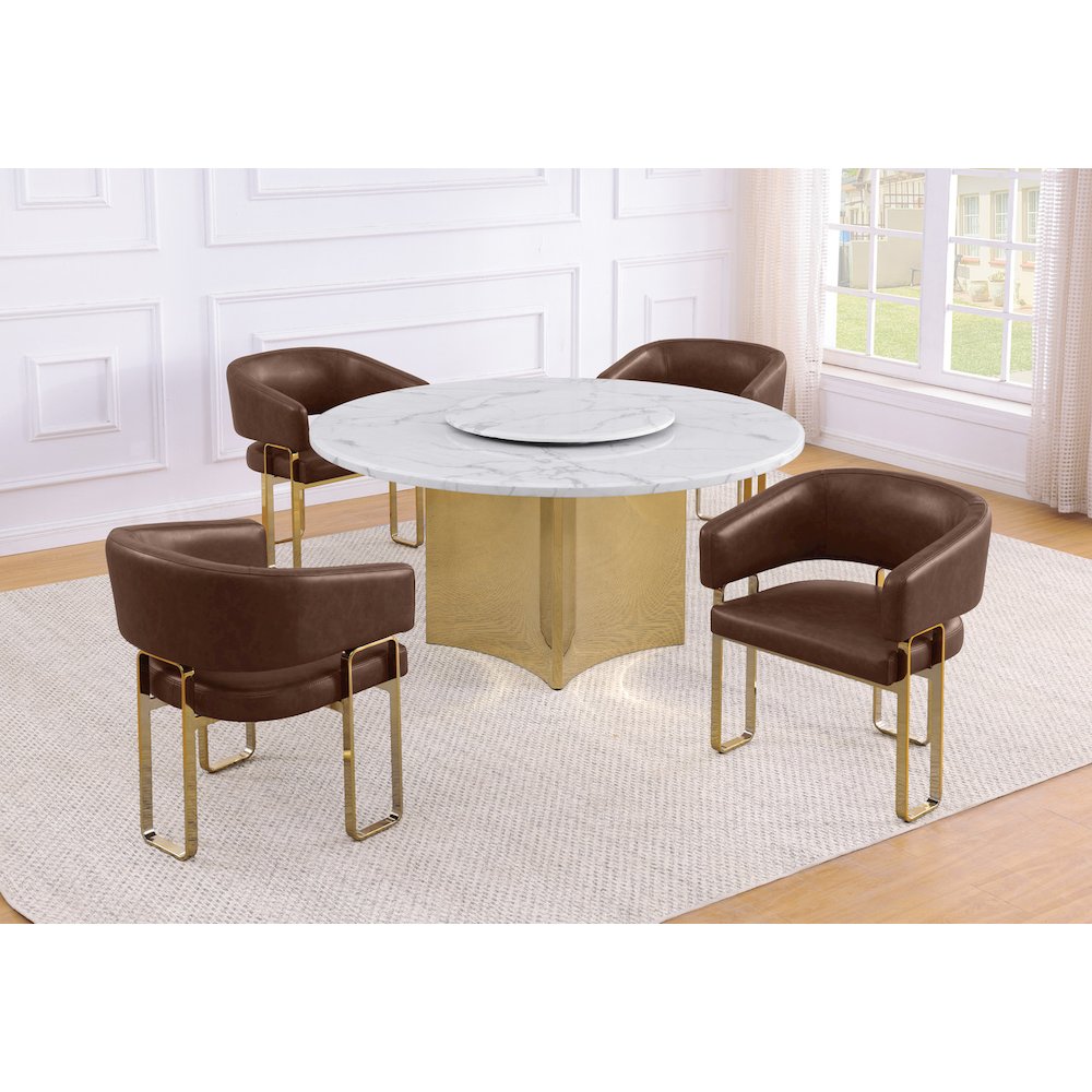 5pc Circle Marble Top With Lazy Susan and 4 Mocha Leatheraire Chair