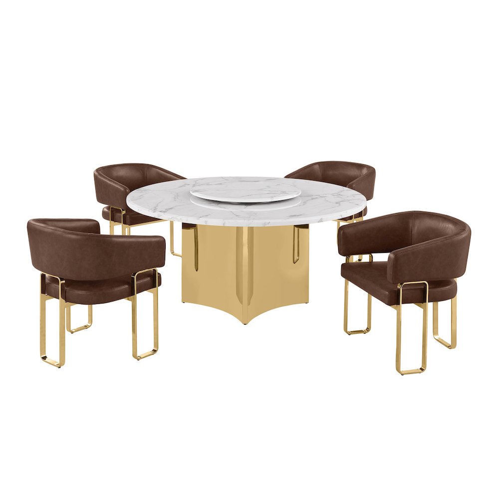 5pc Circle Marble Top With Lazy Susan and 4 Mocha Leatheraire Chair