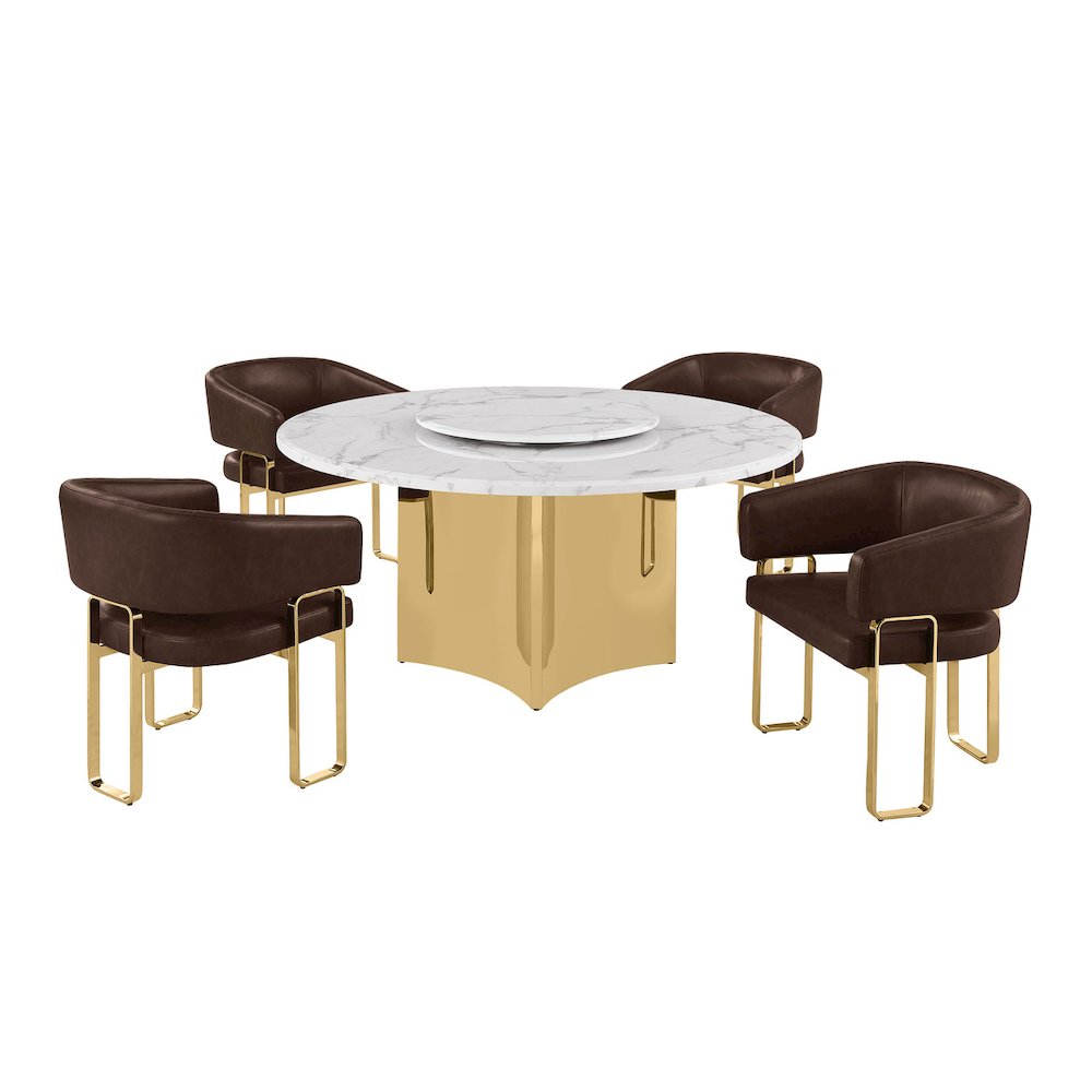 5pc Circle Marble Top With Lazy Susan and 4 Espresso Leatheraire Tri-Leg Chair