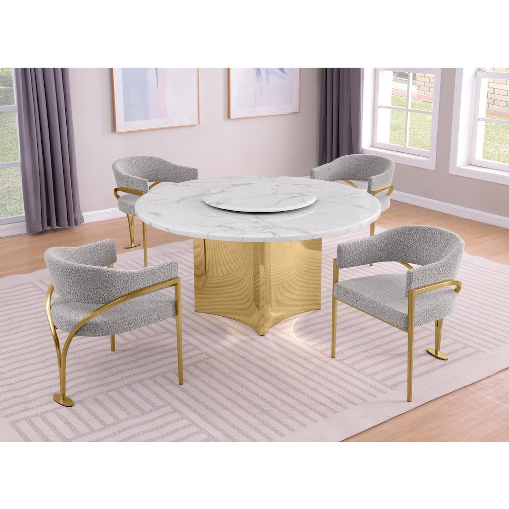 5pc Circle Marble Top Gold Base With Lazy Susan and 4 Rich Gray Chairs
