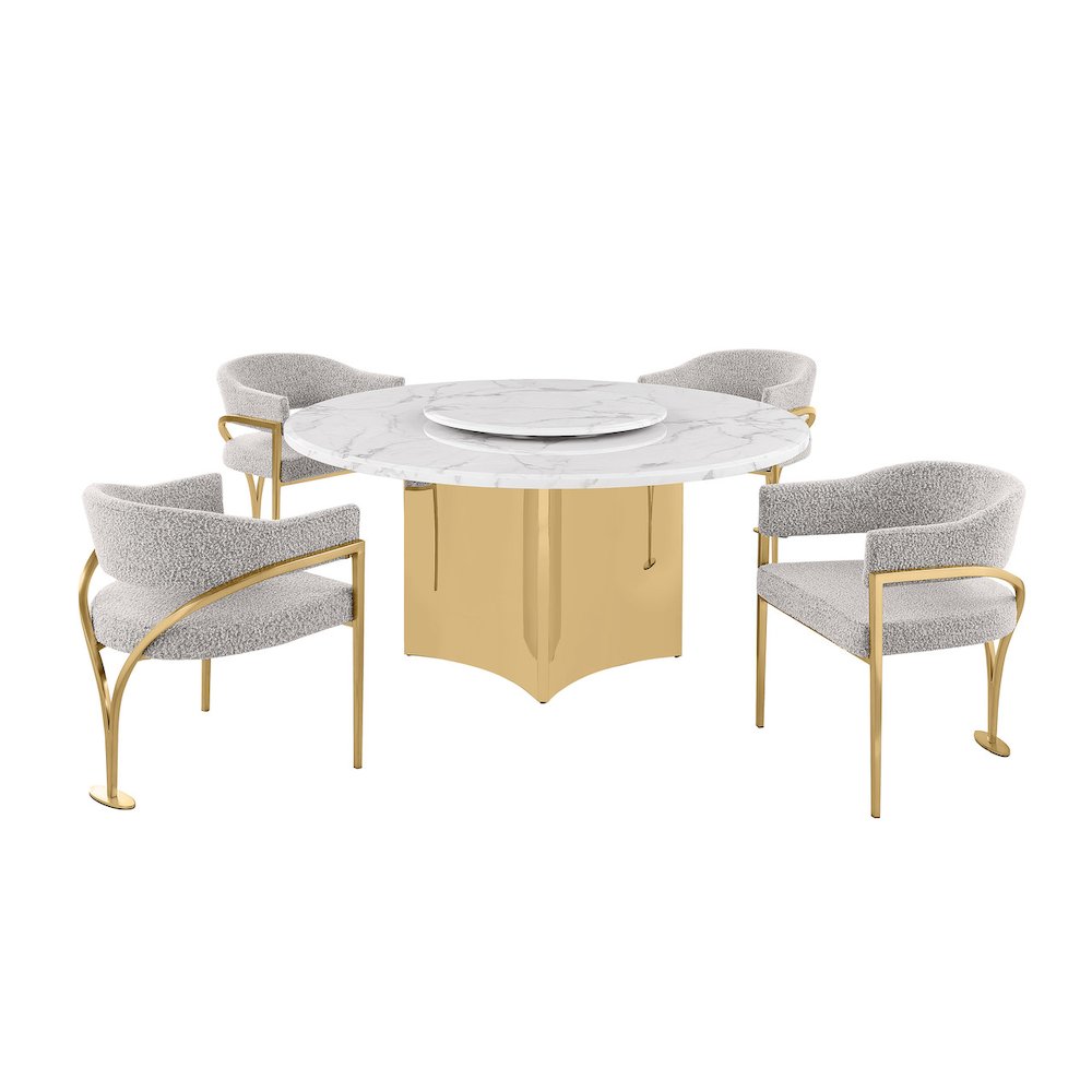 5pc Circle Marble Top Gold Base With Lazy Susan and 4 Rich Gray Chairs