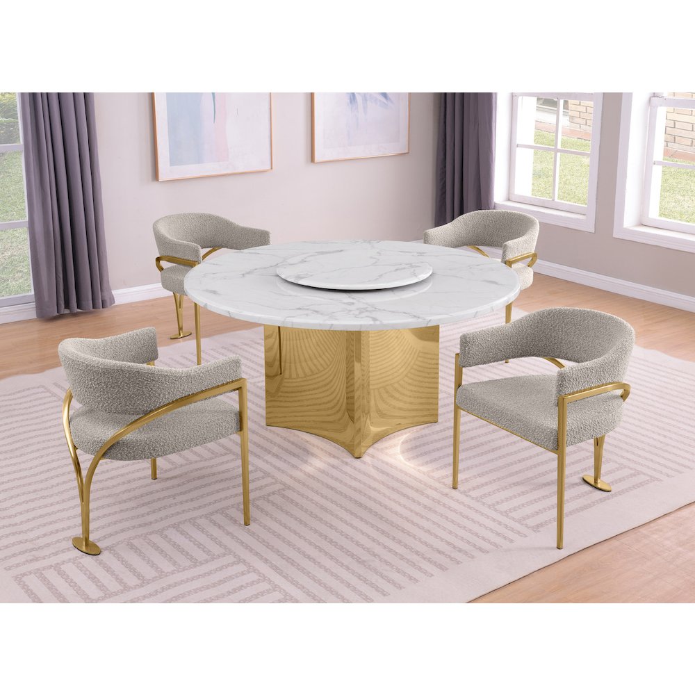 5pc Circle Marble Top Gold Base With Lazy Susan and 4 Gray Chairs