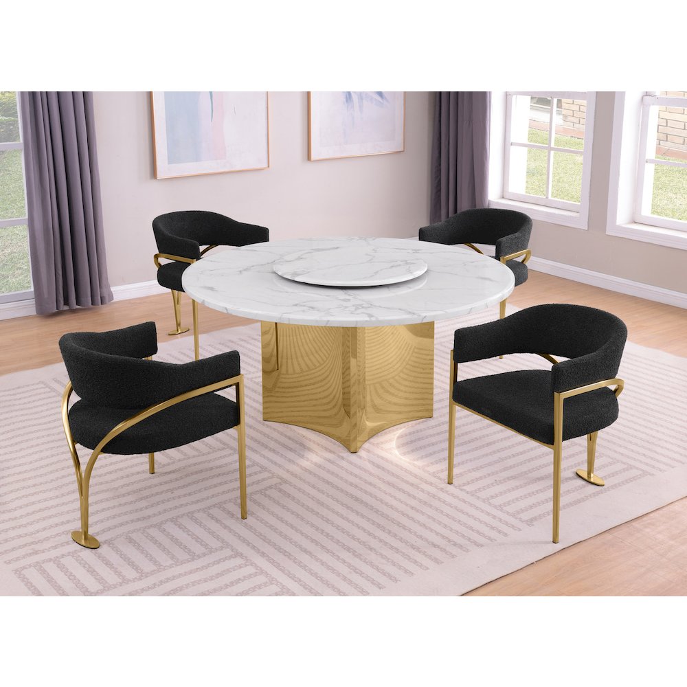 5pc Circle Marble Top Gold Base With Lazy Susan and 4 Black Chairs