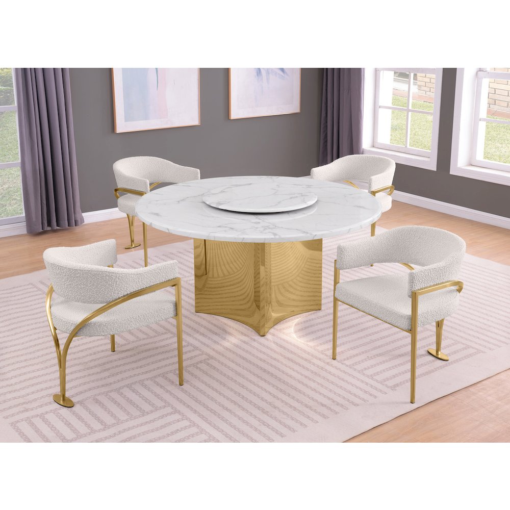 5pc Circle Marble Top Gold Base With Lazy Susan and 4 Cream Chairs