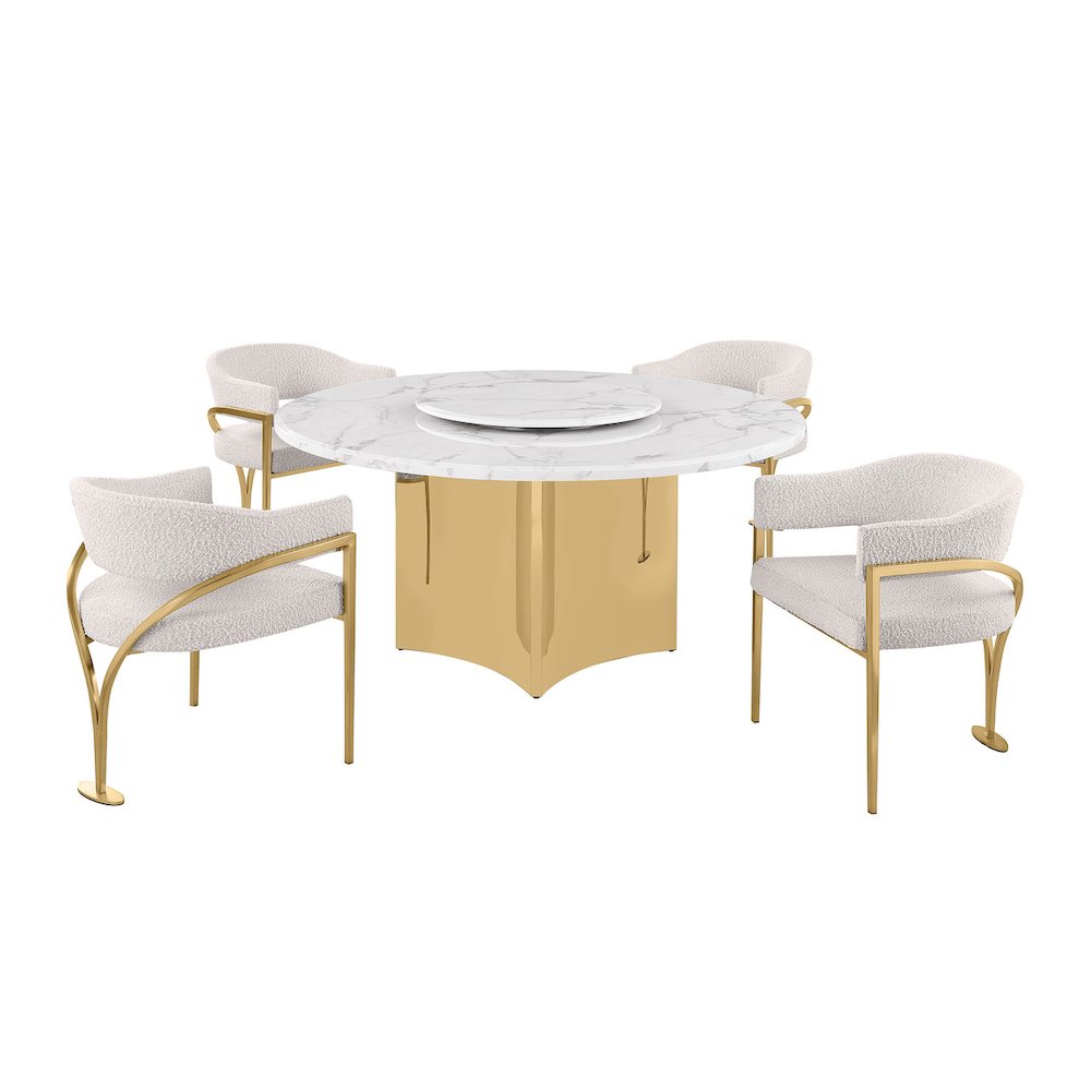 5pc Circle Marble Top Gold Base With Lazy Susan and 4 Cream Chairs
