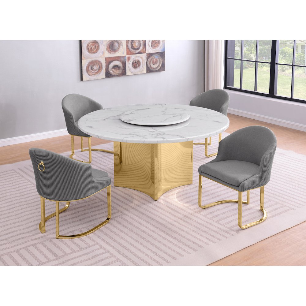 5pc Circle Marble Top With Lazy Susan and 4 Rich Gray Chairs with Gold Base