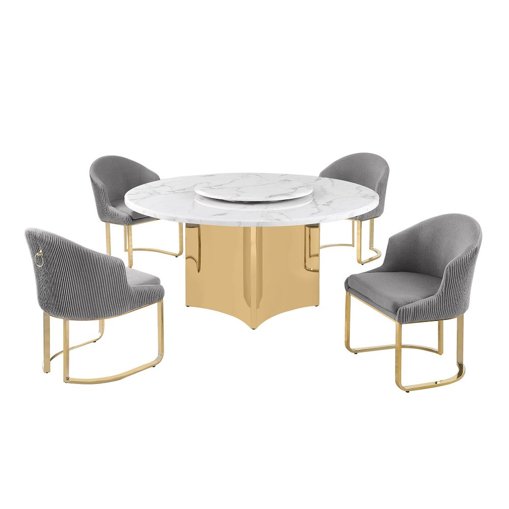 5pc Circle Marble Top With Lazy Susan and 4 Rich Gray Chairs with Gold Base