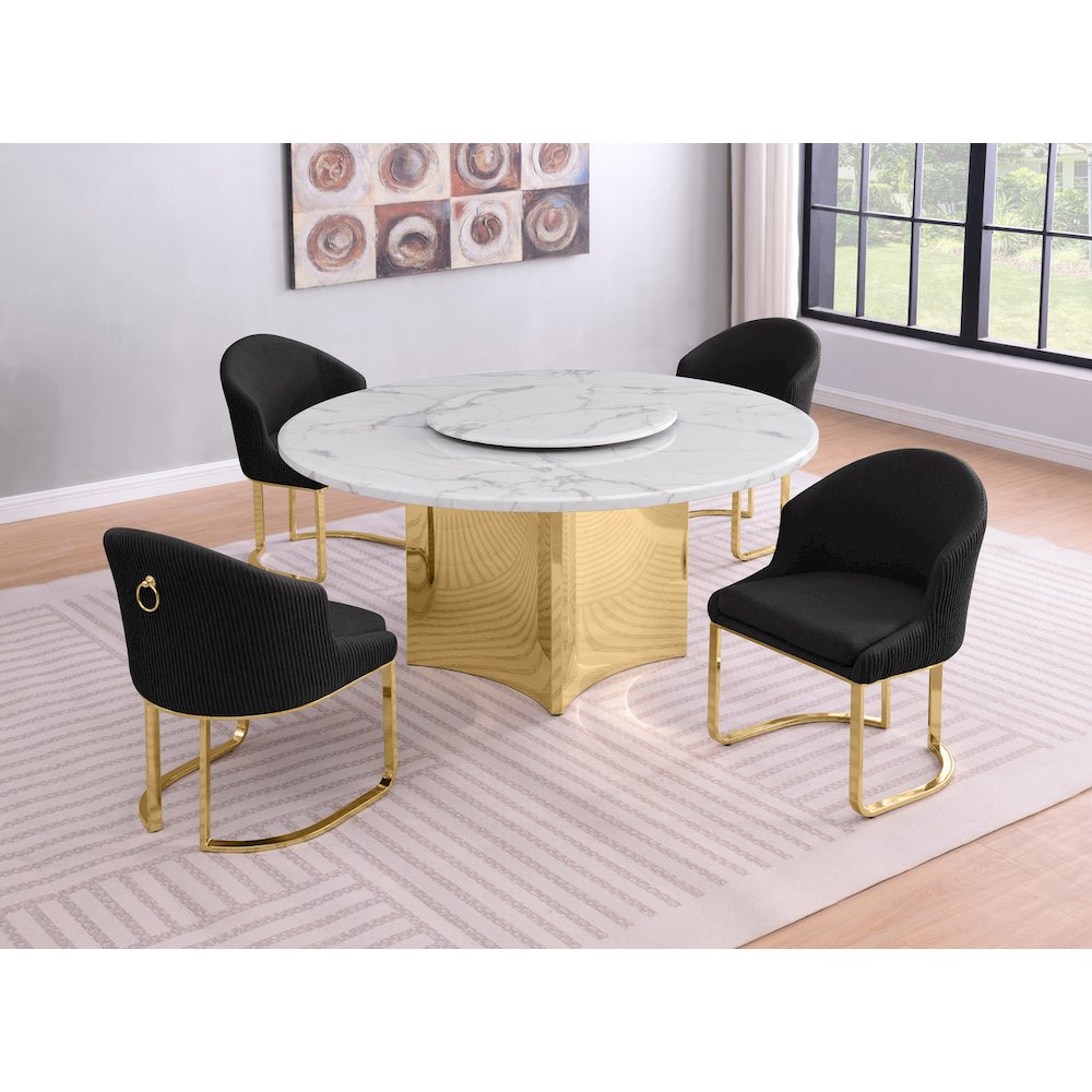 5pc Circle Marble Top With Lazy Susan and 4 Black with Gold Chairs