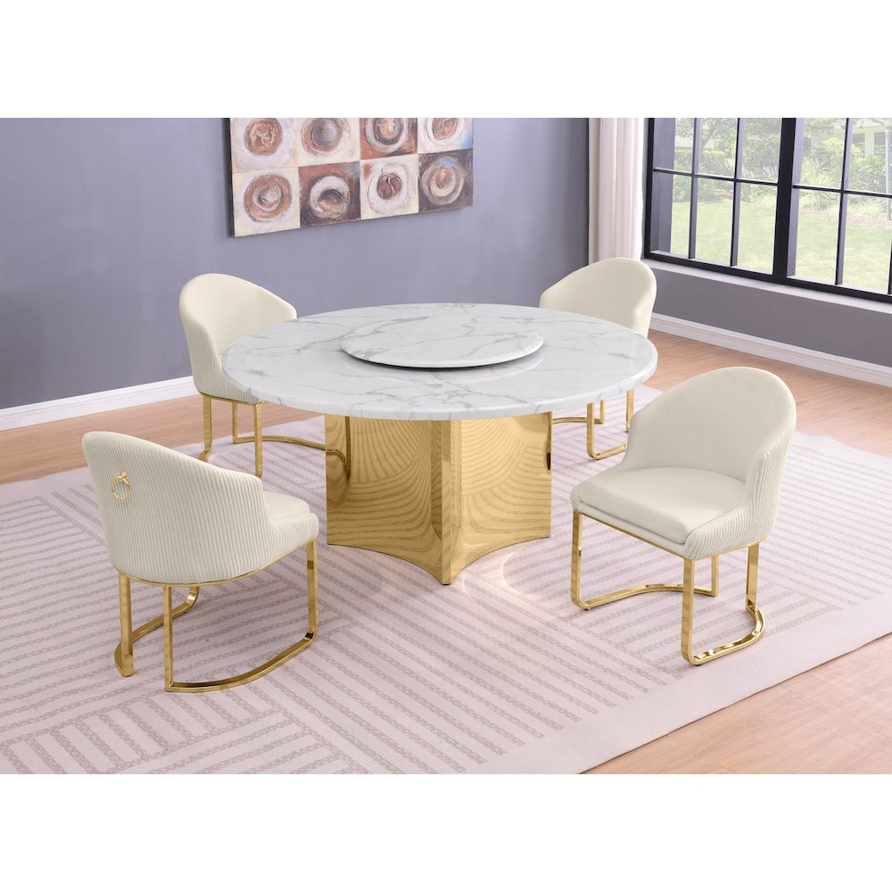 5pc Circle Marble Top With Lazy Susan and 4 Cream Chairs with Gold Base