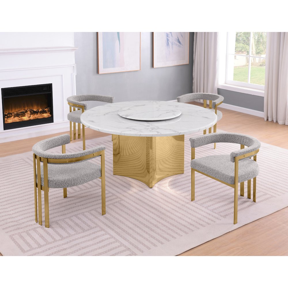 5pc Circle Marble Top Gold Base With Lazy Susan and 4 Rich Gray Chairs