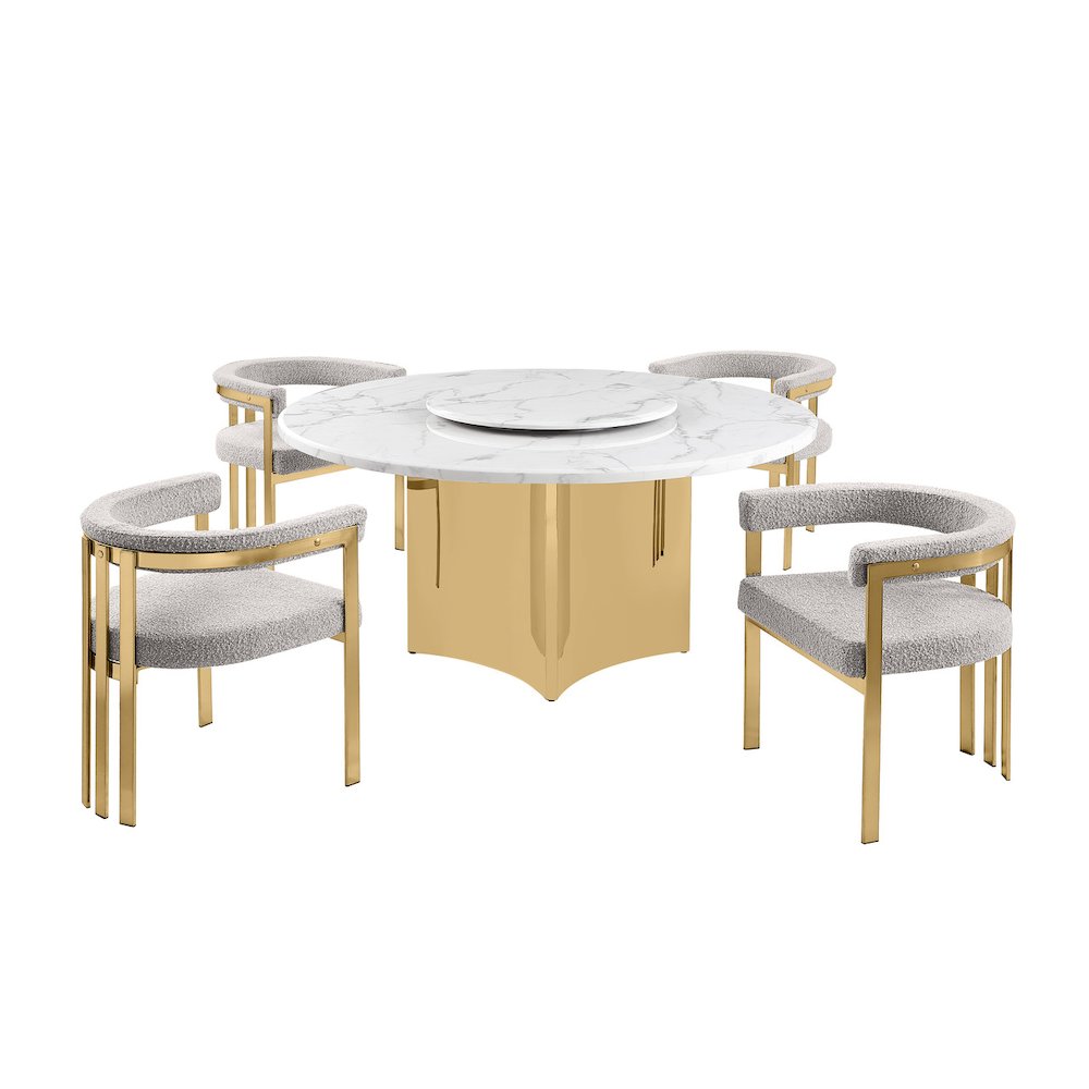 5pc Circle Marble Top Gold Base With Lazy Susan and 4 Rich Gray Chairs
