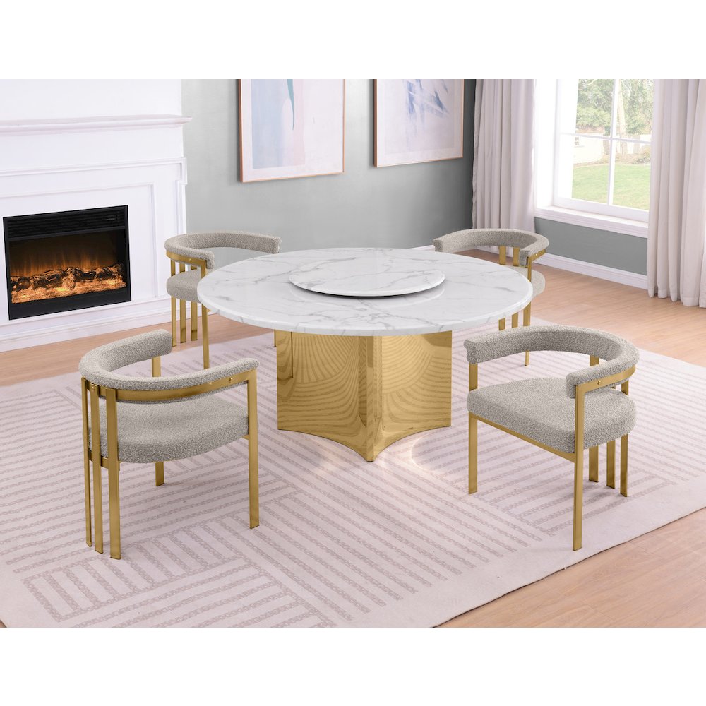 5pc Circle Marble Top Gold Base With Lazy Susan and 4 Gray Chairs