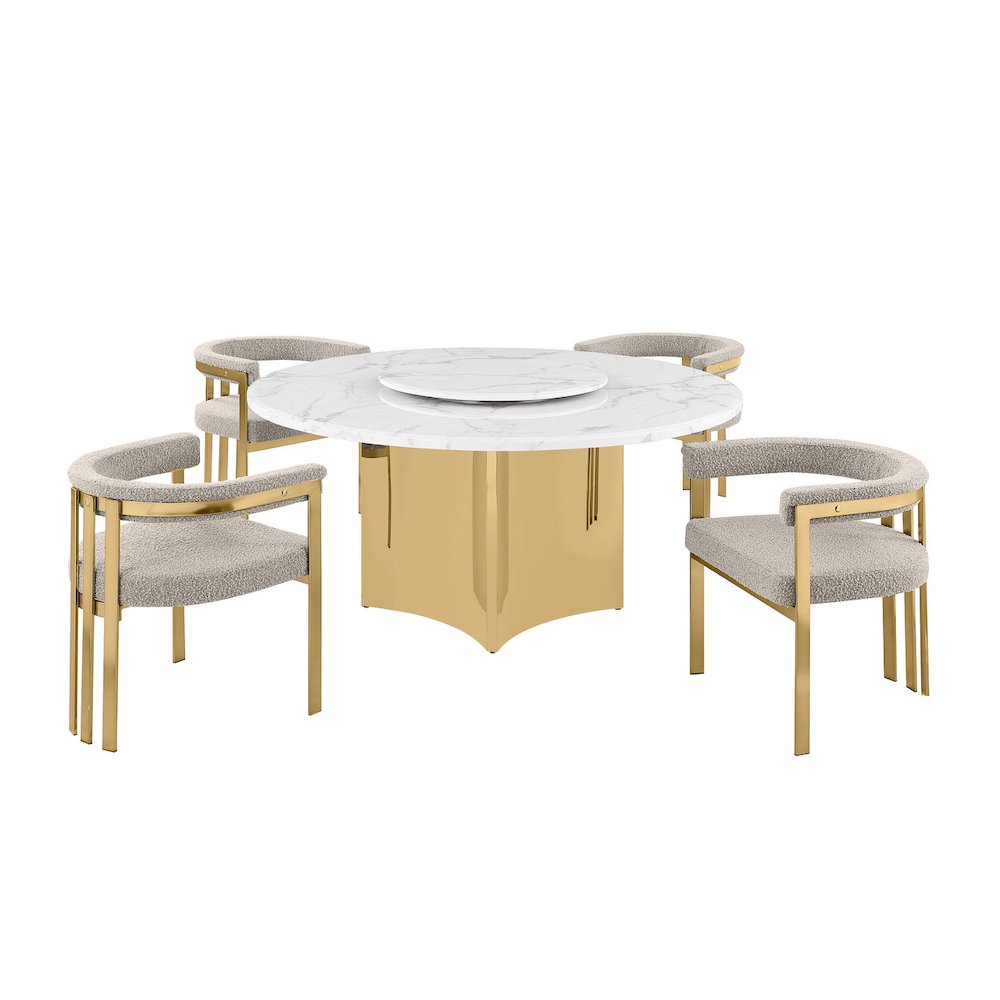 5pc Circle Marble Top Gold Base With Lazy Susan and 4 Gray Chairs