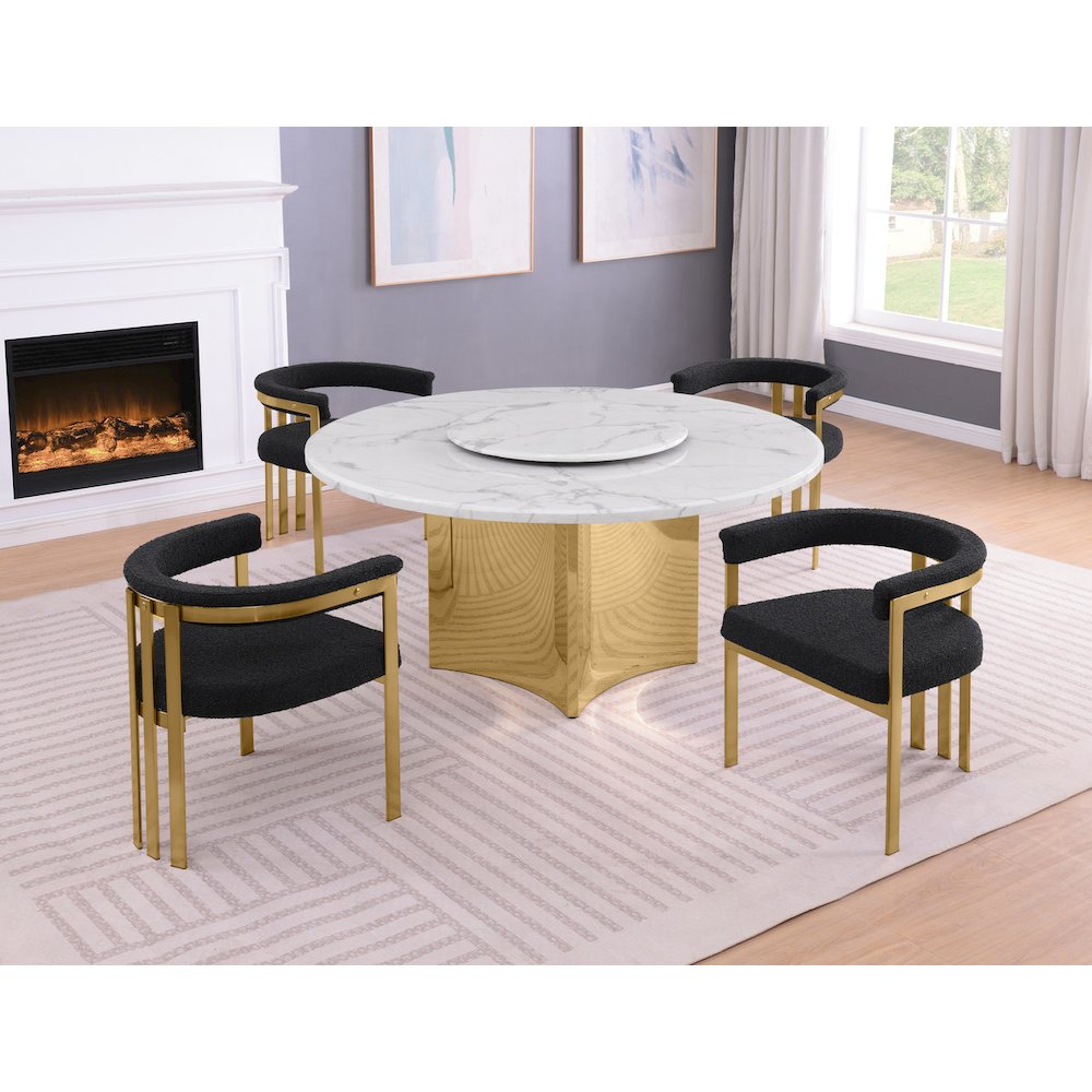 5pc Circle Marble Top Gold Base With Lazy Susan and 4 Black Chairs