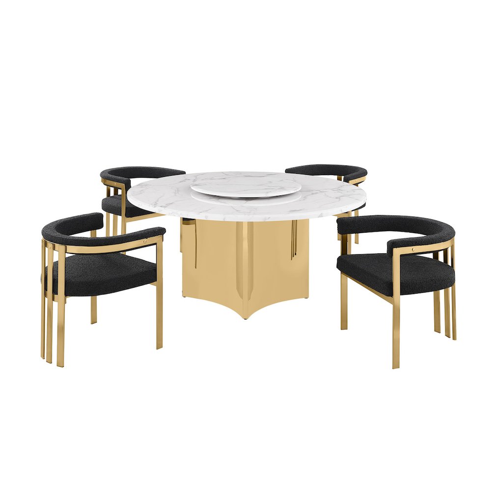 5pc Circle Marble Top Gold Base With Lazy Susan and 4 Black Chairs